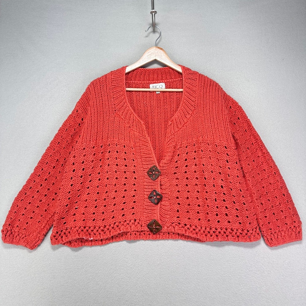 VTG Rico Cardigan‎ Sweater Womens XL Orange Oversized Boxy Chunky Knit Lagenlook